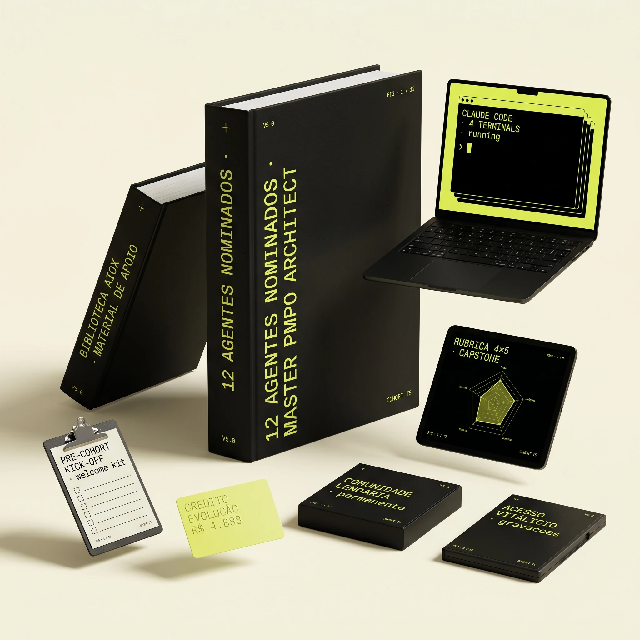 Bundle de entregáveis do cohort: livros 12 agentes nominados, Biblioteca AIOX, laptop com terminal Claude Code, tablet com Rubrica 4×5, clipboard pre-cohort kick-off, crédito de evolução R$ 4.888, acesso vitalício às gravações